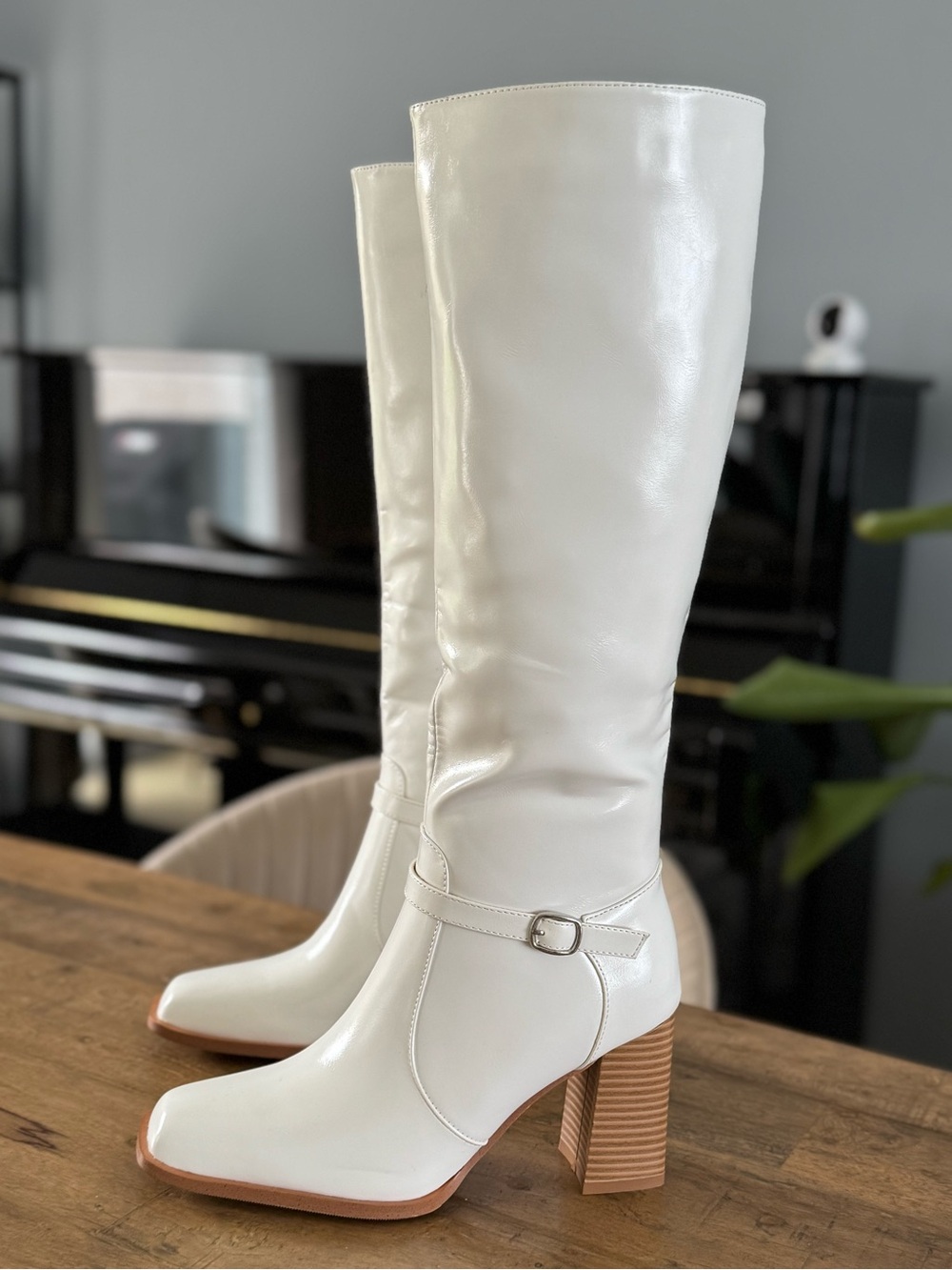 Classic White Knee-High Block Heel Boots - Women's